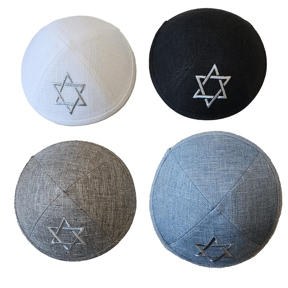 3288 Pack of 4-Pcs - Hq 18cm 4-Colors Linen Kippah with Stạr of David